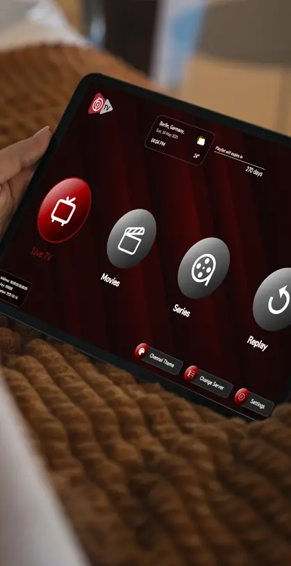 IBO Player affiché sur une tablette, avec les rubriques Live TV, Films, Séries et Replay