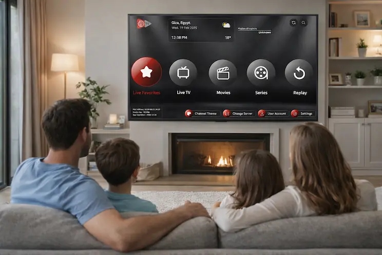 Une famille regarde l'IPTV sur un téléviseur connecté avec IBO Player