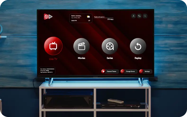IBO Player ouvert sur un téléviseur, menu Live TV, Films, Séries et Replay